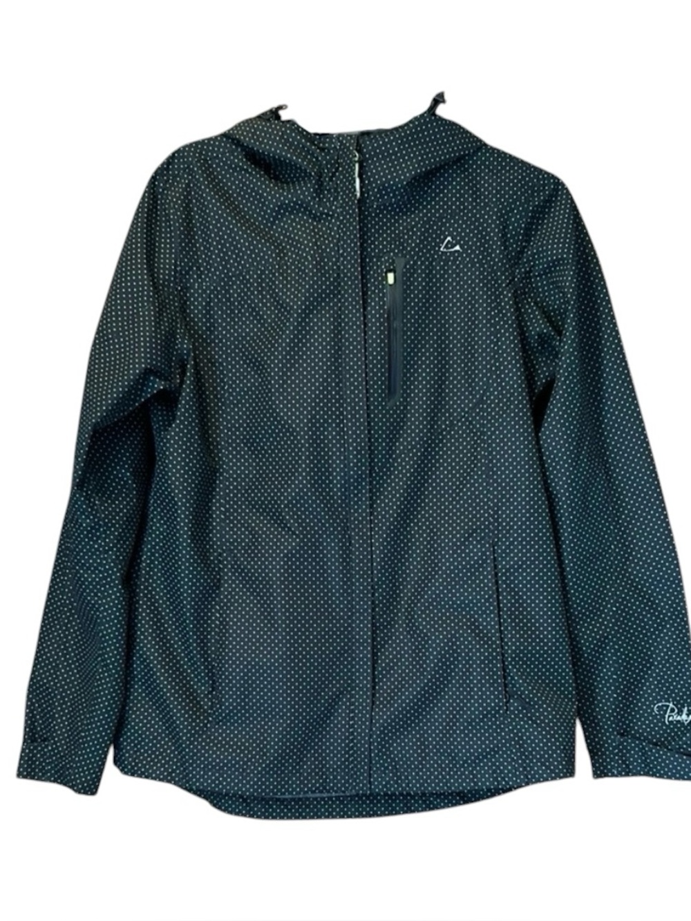 Paradox Womens Small Waterproof Rain Jacket Black Neon Green Dot Hooded Packable